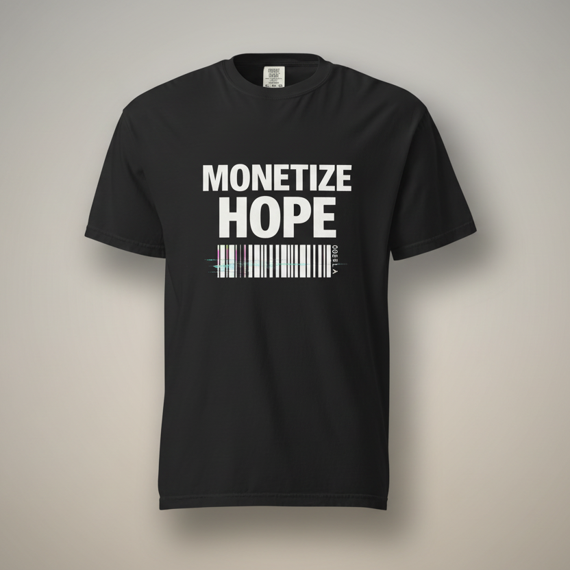 Black heavyweight T-shirt with bold white MONETIZE HOPE front print and barcode graphic, front view on a neutral studio background.