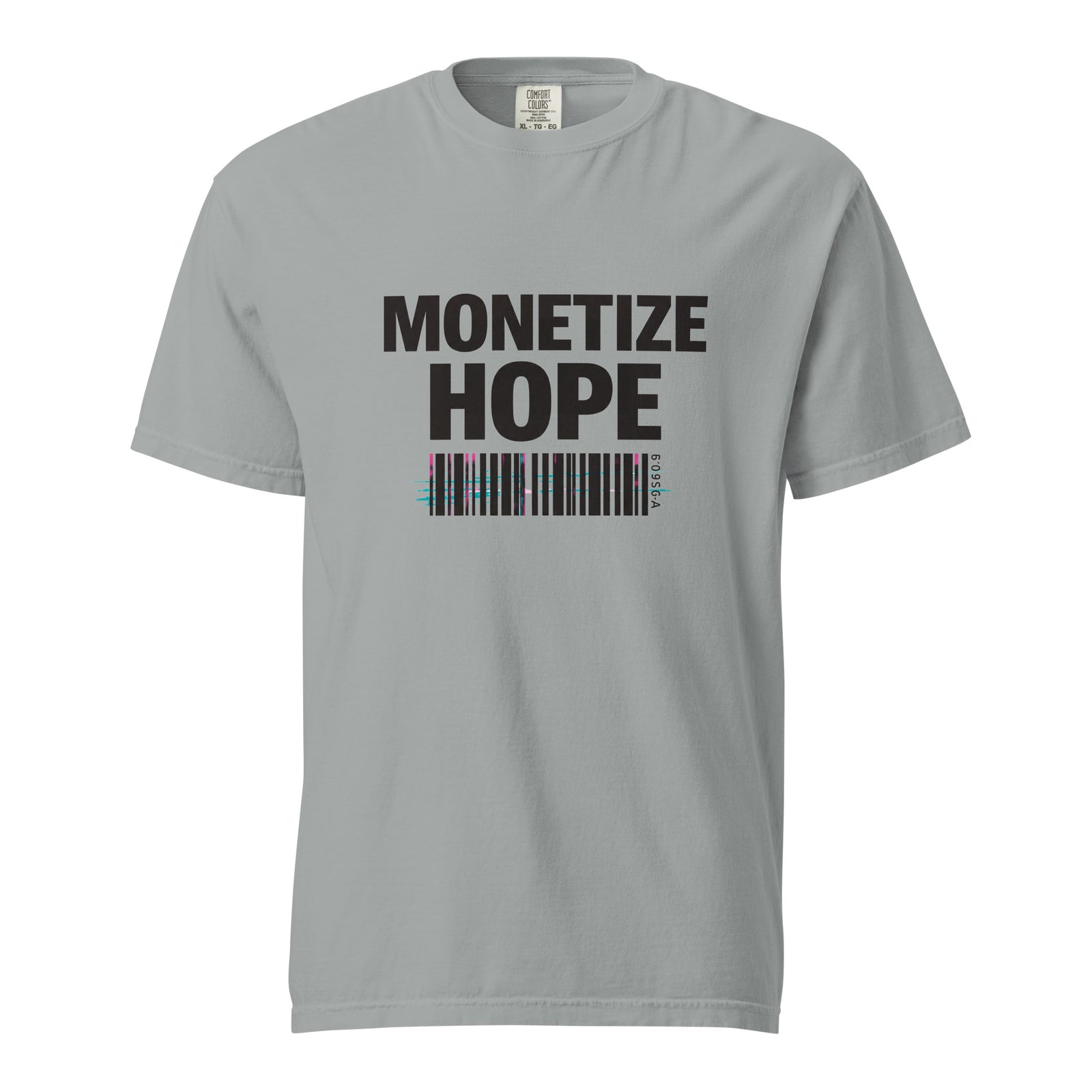 Gray t-shirt with 'MONETIZE HOPE' text and barcode design on a white background