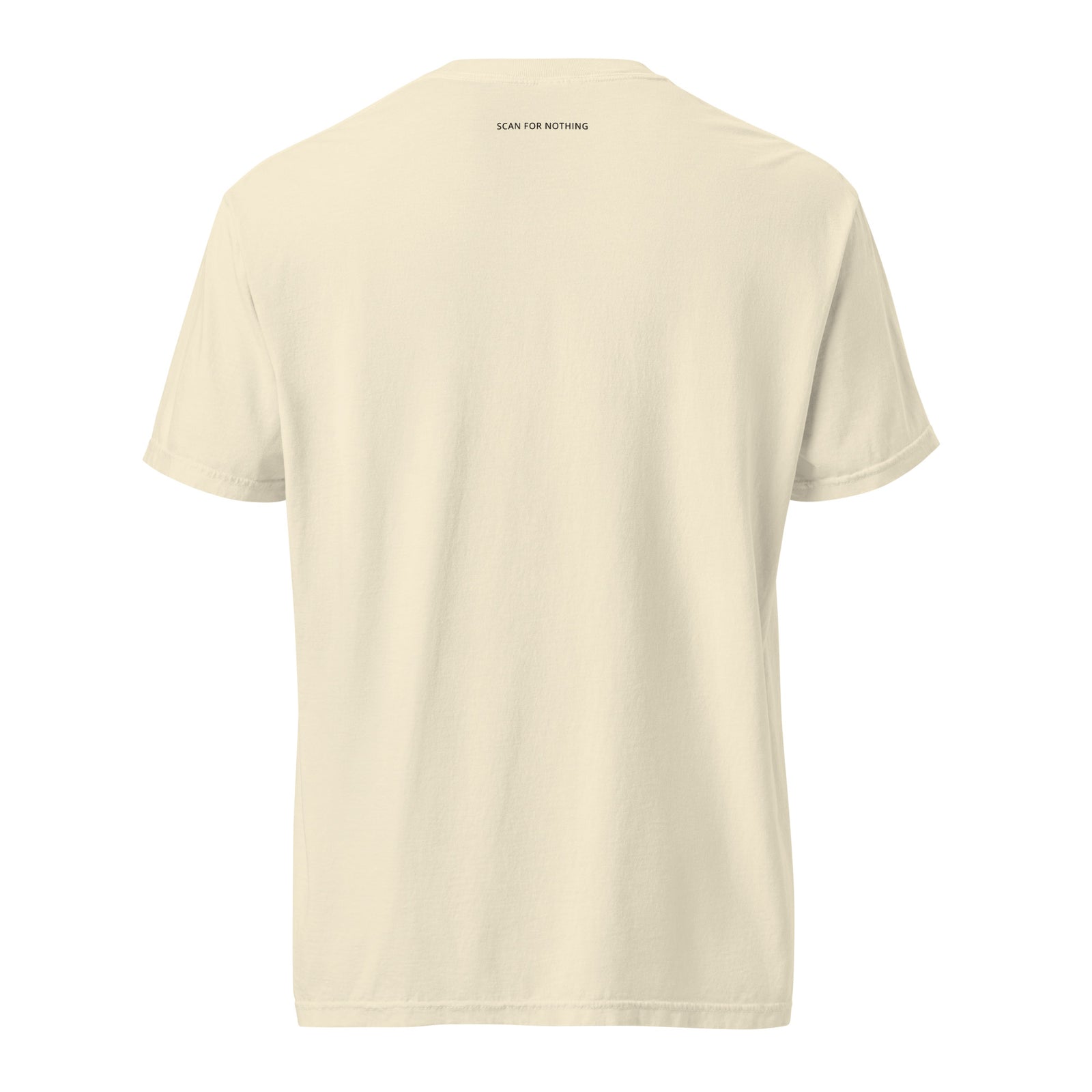 Beige t-shirt with a logo on the chest against a white background