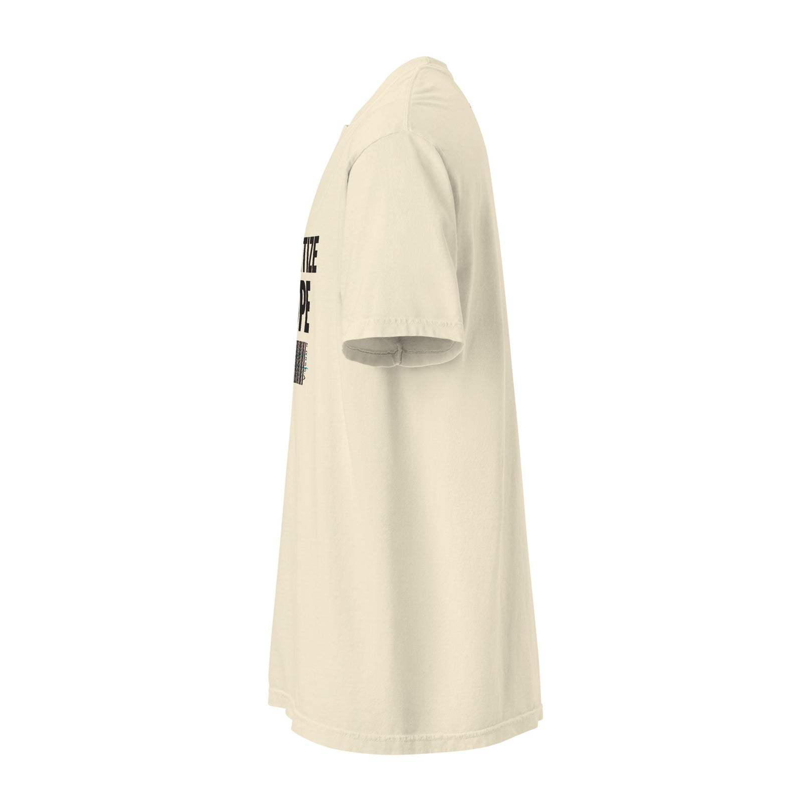 Beige t-shirt with text on a white background