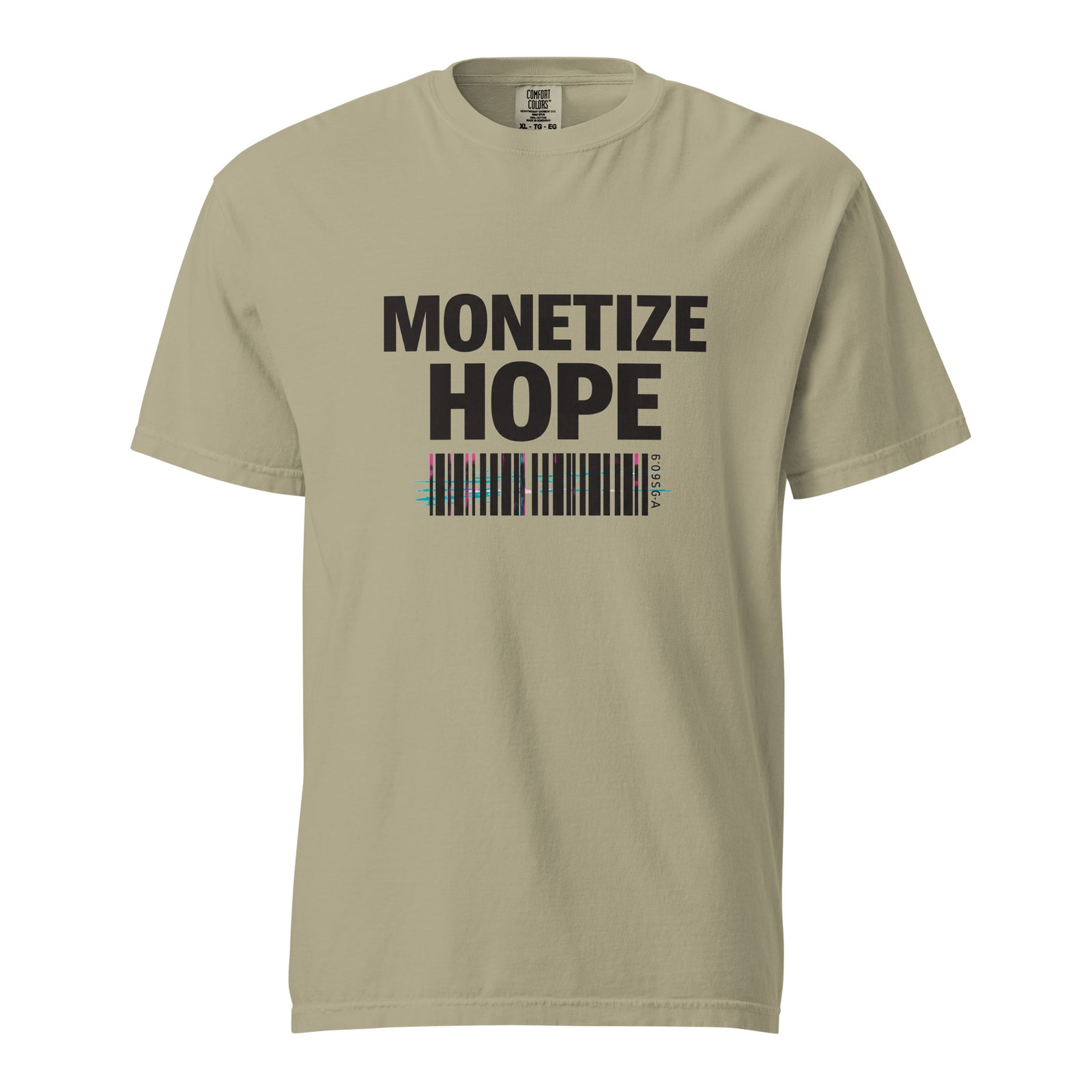 Beige t-shirt with 'MONETIZE HOPE' text and barcode design on a white background