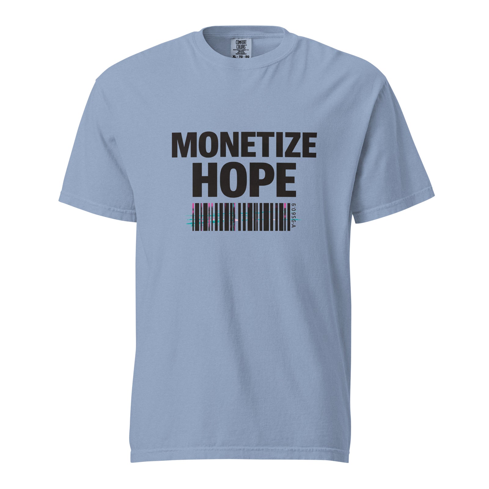 Light blue t-shirt with 'MONETIZE HOPE' text and barcode design on a white background