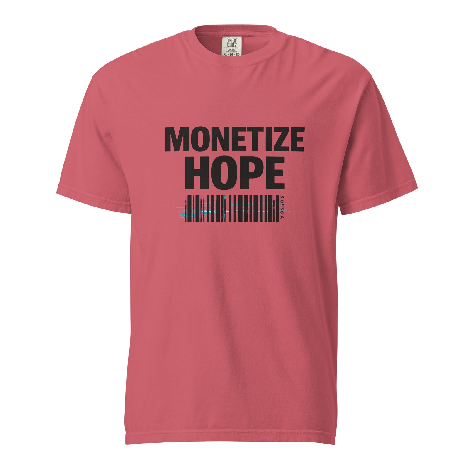 Red t-shirt with 'MONETIZE HOPE' text and barcode design on a white background