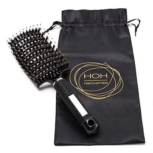 Black hairbrush with bristle head and rubber handle on a black drawstring bag featuring 'HOH HairOverHead' logo.