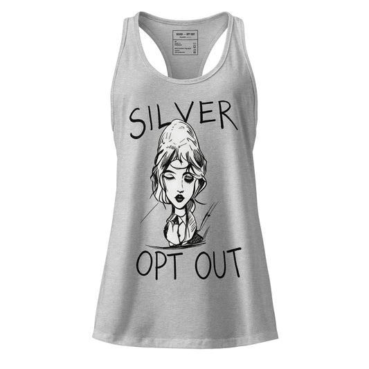 Heather gray women’s fitted racerback tank top with black hand-drawn portrait graphic and SILVER / OPT OUT text on the front, front view on a light background.