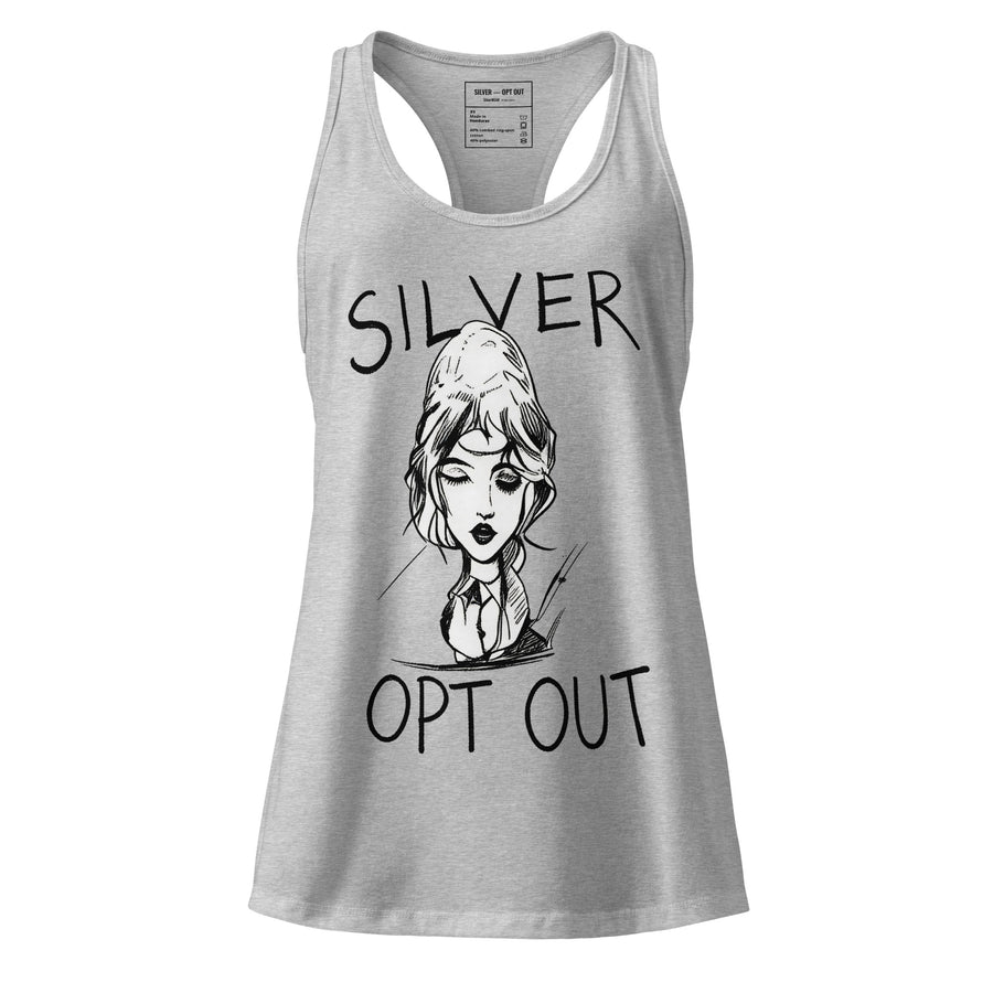 Heather gray women’s fitted racerback tank top with black hand-drawn portrait graphic and SILVER / OPT OUT text on the front, front view on a light background.