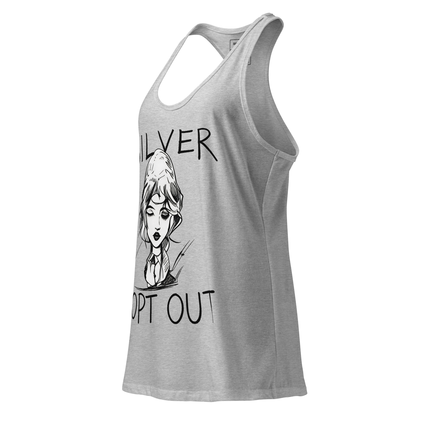 Gray tank top with a graphic design and text on a white background