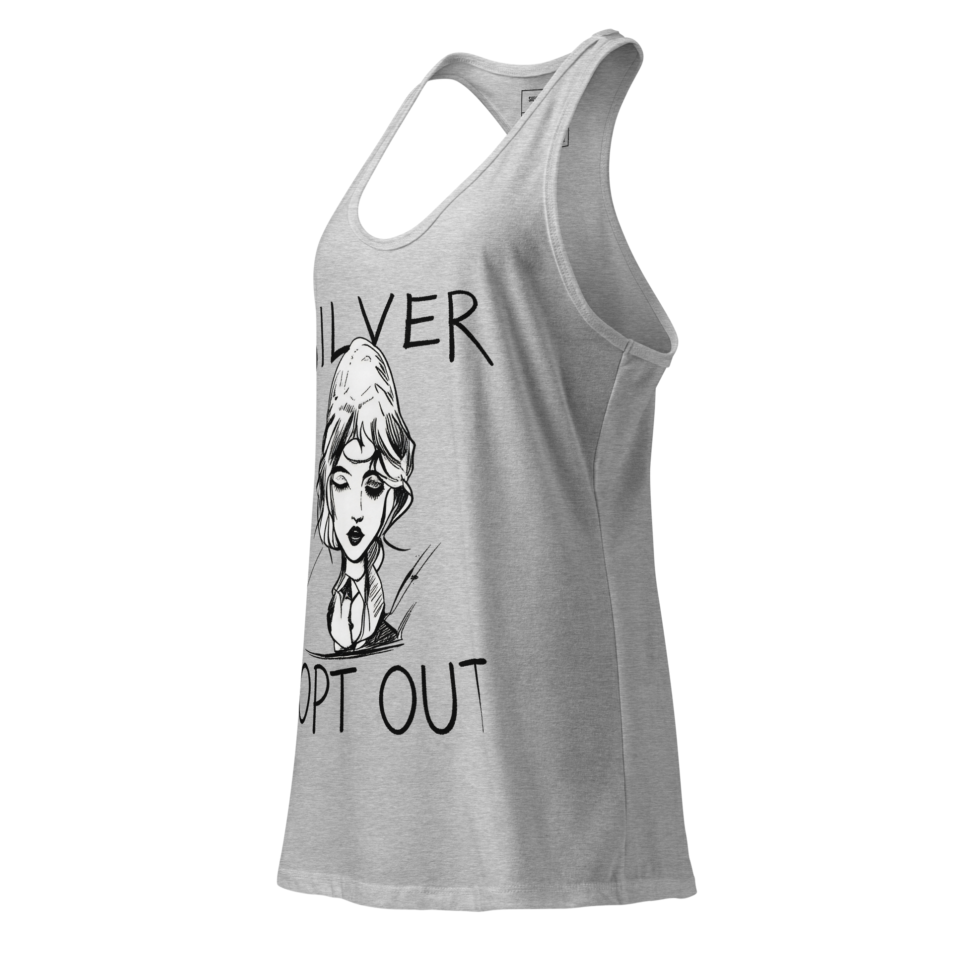 Gray tank top with a graphic design and text on a white background