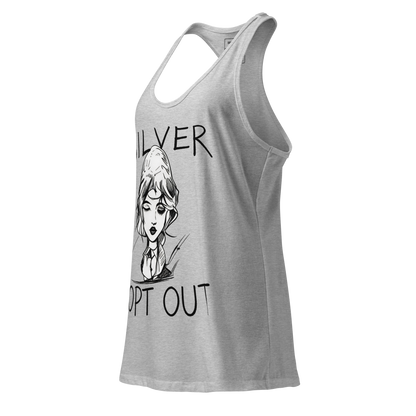 Gray tank top with a graphic design and text on a white background