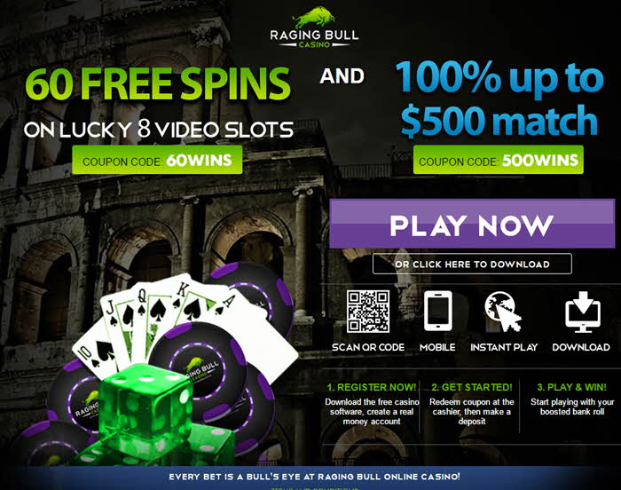 Raging Bull Casino Free Spins Sin depósito Bonificación de hasta $ 500